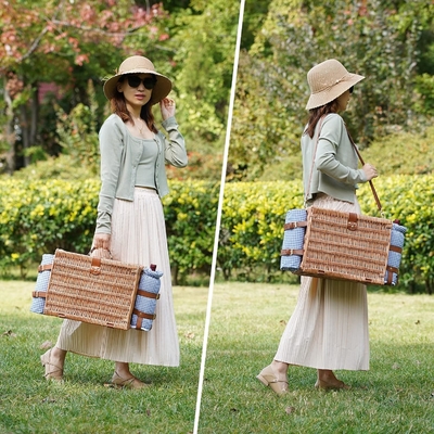 Wicker Picnic Basket dengan tutup dan pegangan Badan tenun yang kokoh dengan lapisan yang bisa dicuci untuk Paskah, Hari Ibu, berkemah di luar ruangan