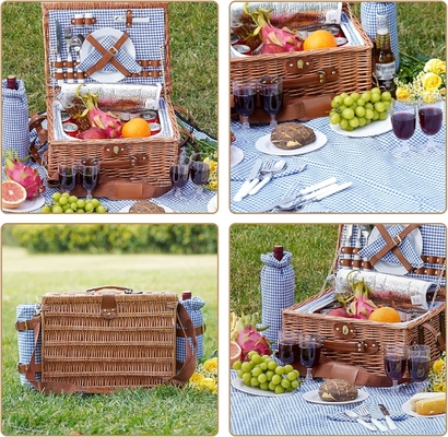 Wicker Picnic Basket dengan tutup dan pegangan Badan tenun yang kokoh dengan lapisan yang bisa dicuci untuk Paskah, Hari Ibu, berkemah di luar ruangan