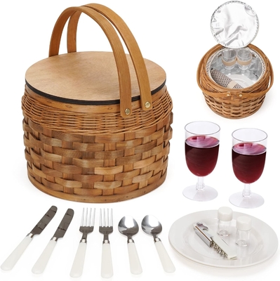 Keranjang piknik kecil dengan pendingin terisolasi, keranjang piknik keranjang untuk 2, Keranjang Wicker Woodchip, termasuk 2 set