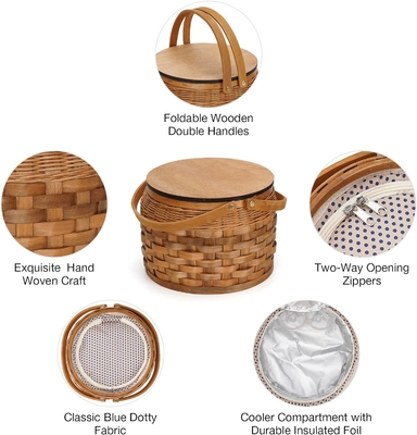 Keranjang piknik kecil dengan pendingin terisolasi, keranjang piknik keranjang untuk 2, Keranjang Wicker Woodchip, termasuk 2 set