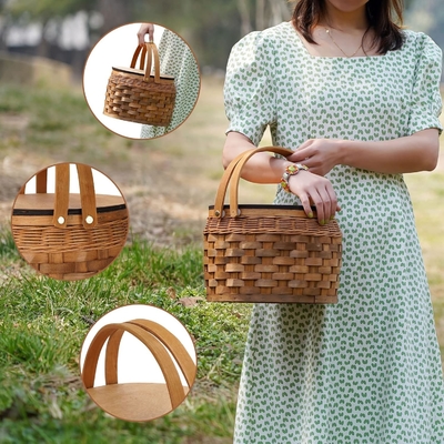 Keranjang piknik kecil dengan pendingin terisolasi, keranjang piknik keranjang untuk 2, Keranjang Wicker Woodchip, termasuk 2 set