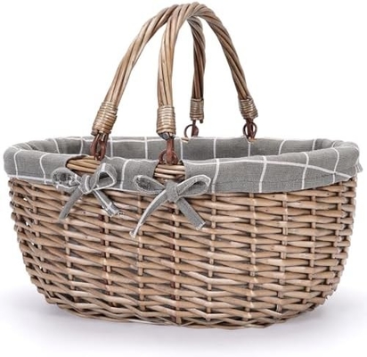 G GOOD GAIN Wicker Picnic Basket dengan Genggam Lipat Ganda, Willow Picnic Hamper, Natural Hand Woven Easter Basket,