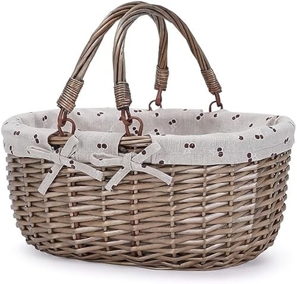 G GOOD GAIN Wicker Picnic Basket dengan Genggam Lipat Ganda, Willow Picnic Hamper, Natural Hand Woven Easter Basket,