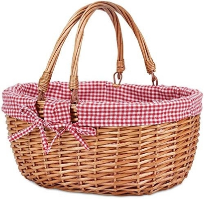 G GOOD GAIN Wicker Picnic Basket dengan Genggam Lipat Ganda, Willow Picnic Hamper, Natural Hand Woven Easter Basket,