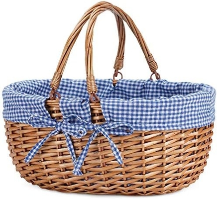 G GOOD GAIN Wicker Picnic Basket dengan Genggam Lipat Ganda, Willow Picnic Hamper, Natural Hand Woven Easter Basket,