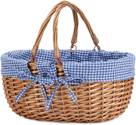 G GOOD GAIN Wicker Picnic Basket dengan Genggam Lipat Ganda, Willow Picnic Hamper, Natural Hand Woven Easter Basket,