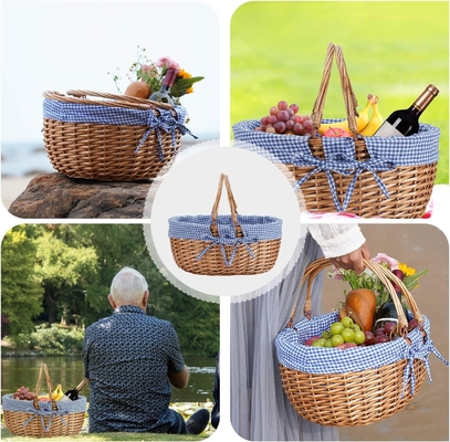 G GOOD GAIN Wicker Picnic Basket dengan Genggam Lipat Ganda, Willow Picnic Hamper, Natural Hand Woven Easter Basket,