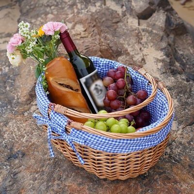 G GOOD GAIN Wicker Picnic Basket dengan Genggam Lipat Ganda, Willow Picnic Hamper, Natural Hand Woven Easter Basket,
