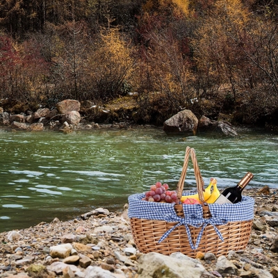 G GOOD GAIN Wicker Picnic Basket dengan Genggam Lipat Ganda, Willow Picnic Hamper, Natural Hand Woven Easter Basket,
