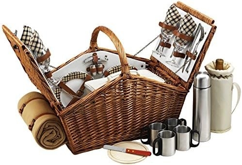 Piknik di Ascot Huntsman Inggris-gaya Willow Picnic Basket dengan layanan untuk 4, Set Kopi dan Selimut-Dirancang,