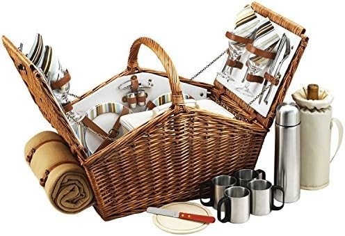 Piknik di Ascot Huntsman Inggris-gaya Willow Picnic Basket dengan layanan untuk 4, Set Kopi dan Selimut-Dirancang,