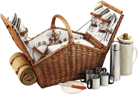 Piknik di Ascot Huntsman Inggris-gaya Willow Picnic Basket dengan layanan untuk 4, Set Kopi dan Selimut-Dirancang,