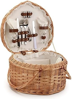 Bakul piknik untuk 2 orang Piknik berbentuk jantung kosong Wicker Woven Willow Kayu Hamper Backpack Box dengan Tutup Tutup Handle