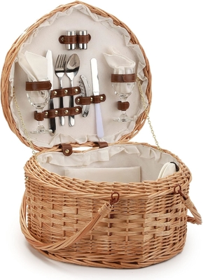 Bakul piknik untuk 2 orang Piknik berbentuk jantung kosong Wicker Woven Willow Kayu Hamper Backpack Box dengan Tutup Tutup Handle