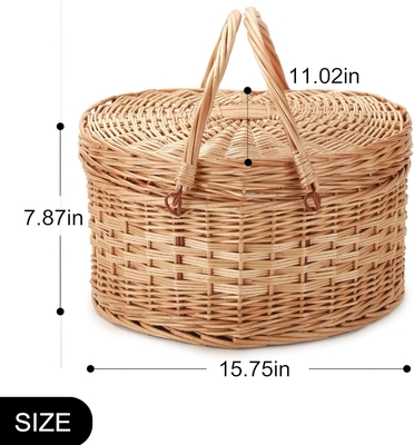 Bakul piknik untuk 2 orang Piknik berbentuk jantung kosong Wicker Woven Willow Kayu Hamper Backpack Box dengan Tutup Tutup Handle