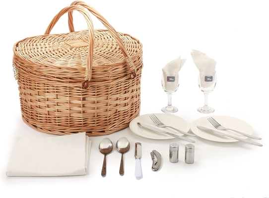Bakul piknik untuk 2 orang Piknik berbentuk jantung kosong Wicker Woven Willow Kayu Hamper Backpack Box dengan Tutup Tutup Handle