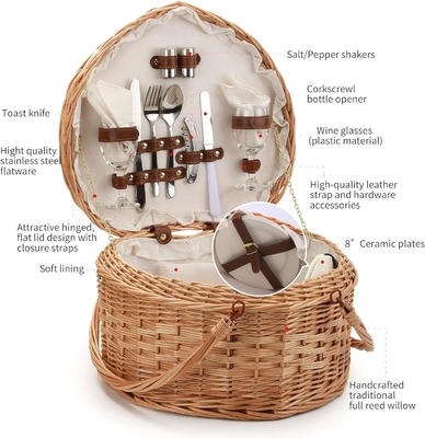 Bakul piknik untuk 2 orang Piknik berbentuk jantung kosong Wicker Woven Willow Kayu Hamper Backpack Box dengan Tutup Tutup Handle