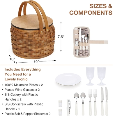 Keranjang piknik kecil dengan pendingin terisolasi, Keranjang piknik untuk 2, Keranjang Wicker kayu,