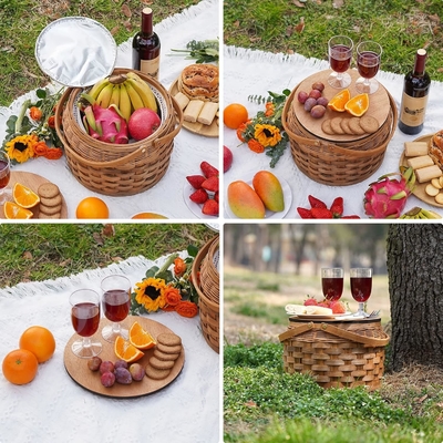 Keranjang piknik kecil dengan pendingin terisolasi, Keranjang piknik untuk 2, Keranjang Wicker kayu,
