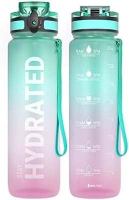 Botol Air Olahraga Motivasi 32oz dengan Time Marker - Waktu untuk Minum - Tritan, Bebas BPA, mulut lebar anti bocor,