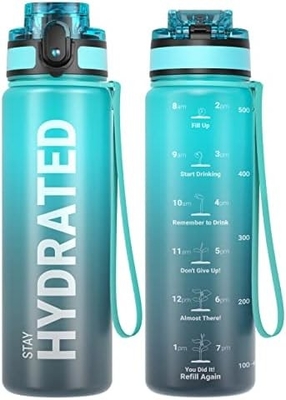 Botol Air Olahraga Motivasi 32oz dengan Time Marker - Waktu untuk Minum - Tritan, Bebas BPA, mulut lebar anti bocor,