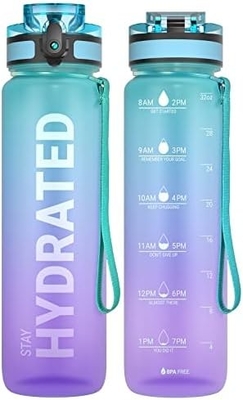 Botol Air Olahraga Motivasi 32oz dengan Time Marker - Waktu untuk Minum - Tritan, Bebas BPA, mulut lebar anti bocor,