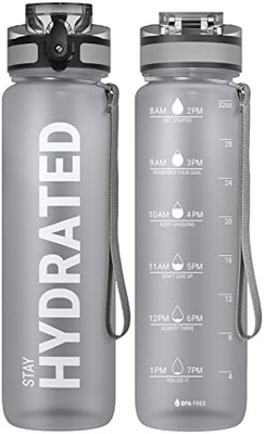 Botol Air Olahraga Motivasi 32oz dengan Time Marker - Waktu untuk Minum - Tritan, Bebas BPA, mulut lebar anti bocor,