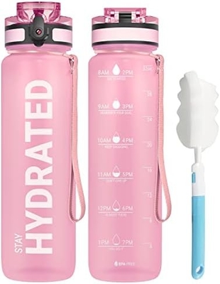 Botol Air Olahraga Motivasi 32oz dengan Time Marker - Waktu untuk Minum - Tritan, Bebas BPA, mulut lebar anti bocor,