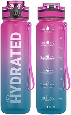 Botol Air Olahraga Motivasi 32oz dengan Time Marker - Waktu untuk Minum - Tritan, Bebas BPA, mulut lebar anti bocor,