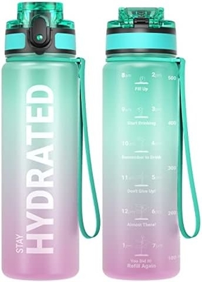 Botol Air Olahraga Motivasi 32oz dengan Time Marker - Waktu untuk Minum - Tritan, Bebas BPA, mulut lebar anti bocor,