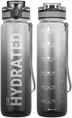 Botol Air Olahraga Motivasi 32oz dengan Time Marker - Waktu untuk Minum - Tritan, Bebas BPA, mulut lebar anti bocor,