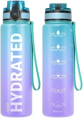 Botol Air Olahraga Motivasi 32oz dengan Time Marker - Waktu untuk Minum - Tritan, Bebas BPA, mulut lebar anti bocor,