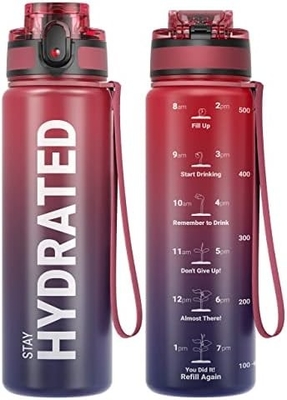 Botol Air Olahraga Motivasi 32oz dengan Time Marker - Waktu untuk Minum - Tritan, Bebas BPA, mulut lebar anti bocor,