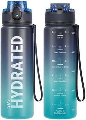 Botol Air Olahraga Motivasi 32oz dengan Time Marker - Waktu untuk Minum - Tritan, Bebas BPA, mulut lebar anti bocor,