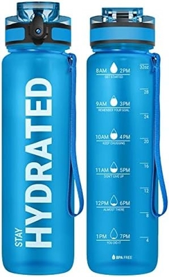 Botol Air Olahraga Motivasi 32oz dengan Time Marker - Waktu untuk Minum - Tritan, Bebas BPA, mulut lebar anti bocor,