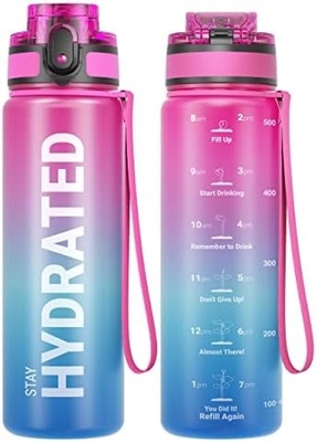 Botol Air Olahraga Motivasi 32oz dengan Time Marker - Waktu untuk Minum - Tritan, Bebas BPA, mulut lebar anti bocor,