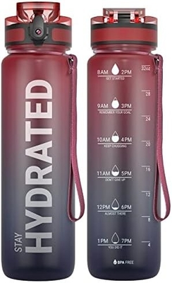 Botol Air Olahraga Motivasi 32oz dengan Time Marker - Waktu untuk Minum - Tritan, Bebas BPA, mulut lebar anti bocor,