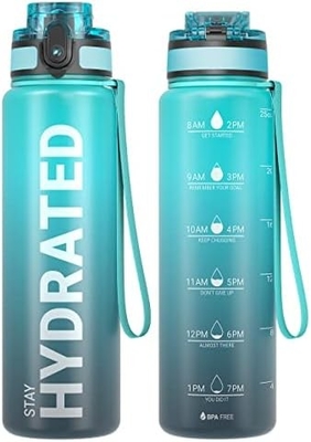 Botol Air Olahraga Motivasi 32oz dengan Time Marker - Waktu untuk Minum - Tritan, Bebas BPA, mulut lebar anti bocor,