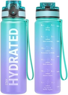 Botol Air Olahraga Motivasi 32oz dengan Time Marker - Waktu untuk Minum - Tritan, Bebas BPA, mulut lebar anti bocor,