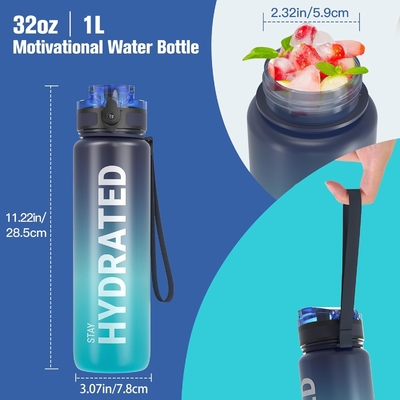Botol Air Olahraga Motivasi 32oz dengan Time Marker - Waktu untuk Minum - Tritan, Bebas BPA, mulut lebar anti bocor,