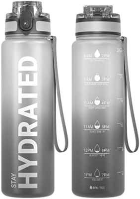 Botol Air Olahraga Motivasi 32oz dengan Time Marker - Waktu untuk Minum - Tritan, Bebas BPA, mulut lebar anti bocor,