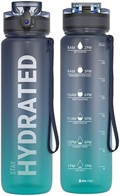 Botol Air Olahraga Motivasi 32oz dengan Time Marker - Waktu untuk Minum - Tritan, Bebas BPA, mulut lebar anti bocor,