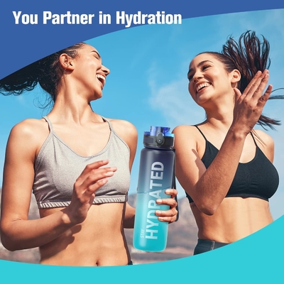 Botol Air Olahraga Motivasi 32oz dengan Time Marker - Waktu untuk Minum - Tritan, Bebas BPA, mulut lebar anti bocor,