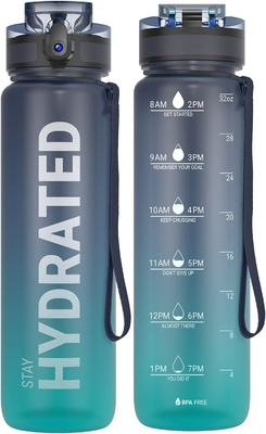Botol Air Olahraga Motivasi 32oz dengan Time Marker - Waktu untuk Minum - Tritan, Bebas BPA, mulut lebar anti bocor,