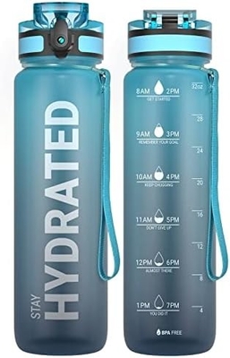 Botol Air Olahraga Motivasi 32oz dengan Time Marker - Waktu untuk Minum - Tritan, Bebas BPA, mulut lebar anti bocor,