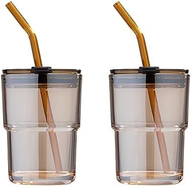 13oz/400ml Tumbler Water Glass, cangkir dengan jerami dan tutup disegel Bawa untuk Kopi, Es Teh, tebal dinding terisolasi kaca