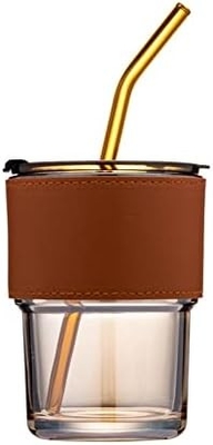13oz/400ml Tumbler Water Glass, cangkir dengan jerami dan tutup disegel Bawa untuk Kopi, Es Teh, tebal dinding terisolasi kaca