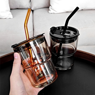 13oz/400ml Tumbler Water Glass, cangkir dengan jerami dan tutup disegel Bawa untuk Kopi, Es Teh, tebal dinding terisolasi kaca