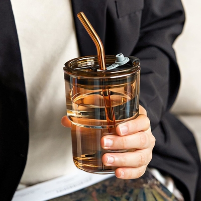 13oz/400ml Tumbler Water Glass, cangkir dengan jerami dan tutup disegel Bawa untuk Kopi, Es Teh, tebal dinding terisolasi kaca