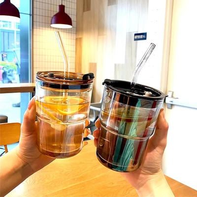 13oz/400ml Tumbler Water Glass, cangkir dengan jerami dan tutup disegel Bawa untuk Kopi, Es Teh, tebal dinding terisolasi kaca